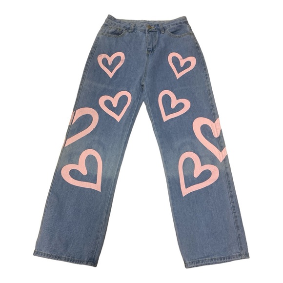 Colorful Natalie Women’s High Waisted Y2K Anime Heart Printed Jeans Size M Baggy - Picture 4 of 13